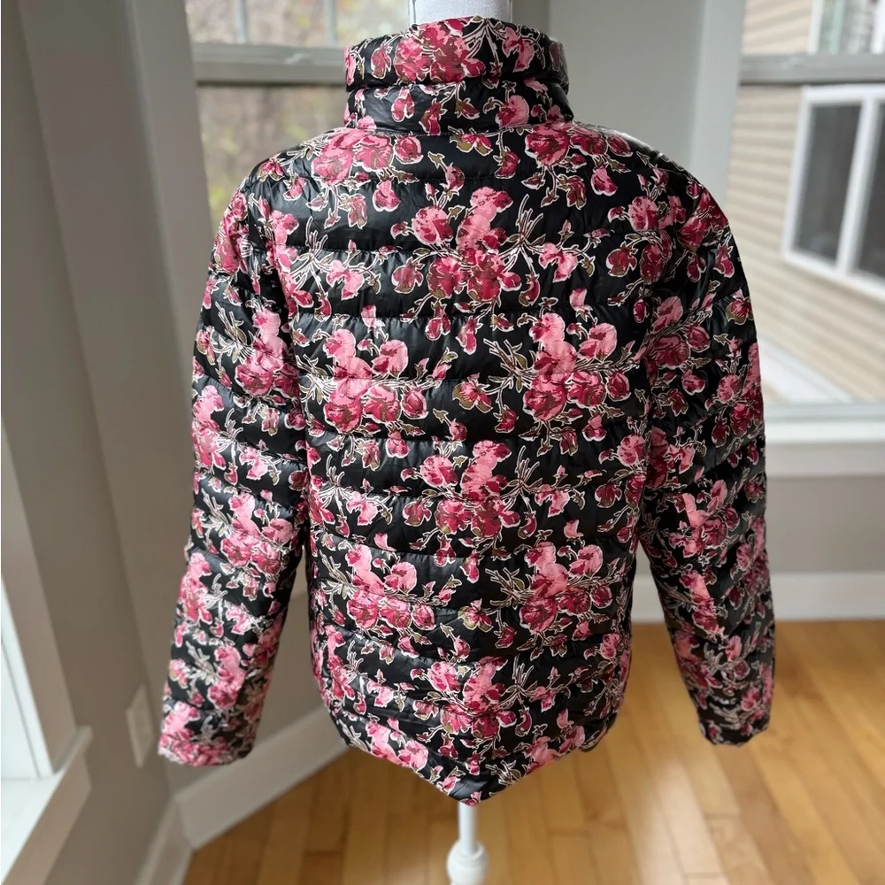 Lands’ End Black Pink Floral Cropped Puffer Jacket Size Girls XL Fits Women S-M